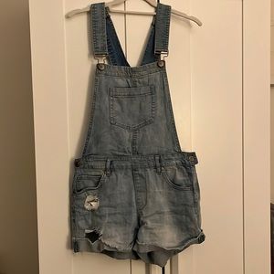 Light Wash Jean Overall Shorts